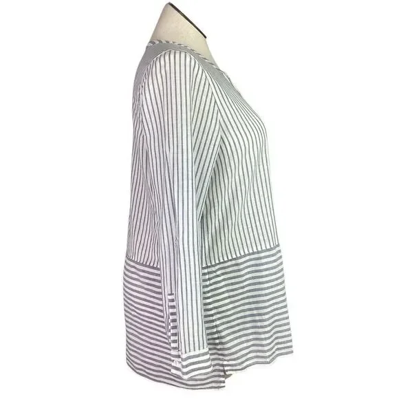 J Jill Fit Top Women L Gray White Cotton Stripe Roll Tab Sleeve High Low Tunic - Picture 4 of 11